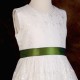 Girls Ivory Floral Lace Dress with Moss Green Satin Sash