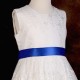 Girls Ivory Floral Lace Dress with Royal Blue Satin Sash