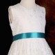 Girls Ivory Floral Lace Dress with Teal Satin Sash