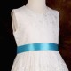 Girls Ivory Floral Lace Dress with Turquoise Satin Sash