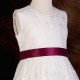 Girls Ivory Floral Lace Dress with Wine Satin Sash