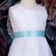 Girls White Floral Lace Dress with Aqua Satin Sash