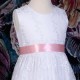 Girls White Floral Lace Dress with Baby Pink Satin Sash