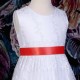 Girls White Floral Lace Dress with Bright Coral Satin Sash