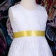 Girls White Floral Lace Dress with Lemon Satin Sash