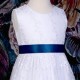 Girls White Floral Lace Dress with Midnight Blue Satin Sash