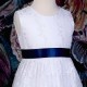 Girls White Floral Lace Dress with Navy Satin Sash