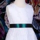 Girls White Floral Lace Dress with Petrol Satin Sash