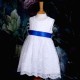 Girls White Floral Lace Dress with Royal Blue Satin Sash