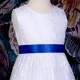 Girls White Floral Lace Dress with Royal Blue Satin Sash