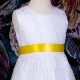 Girls White Floral Lace Dress with Sunshine Yellow Satin Sash
