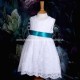 Girls White Floral Lace Dress with Teal Satin Sash