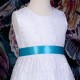 Girls White Floral Lace Dress with Turquoise Satin Sash