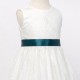 Girls Ivory Fringe Lace Dress with Petrol Green Satin Sash
