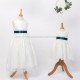 Girls Ivory Fringe Lace Dress with Petrol Green Satin Sash