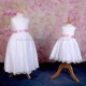 Girls White Fringe Lace Dress with Baby Pink Satin Sash