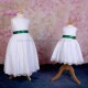 Girls White Fringe Lace Dress with Bottle Green Satin Sash