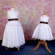 Girls White Fringe Lace Dress with Brown Satin Sash