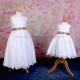 Girls White Fringe Lace Dress with Caramel Satin Sash