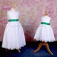 Girls White Fringe Lace Dress with Emerald Green Satin Sash