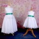 Girls White Fringe Lace Dress with Jade Green Satin Sash