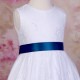 Girls White Fringe Lace Dress with Midnight Blue Satin Sash