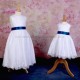 Girls White Fringe Lace Dress with Midnight Blue Satin Sash