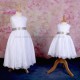 Girls White Fringe Lace Dress with Mink Taupe Satin Sash