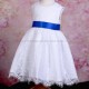 Girls White Fringe Lace Dress with Royal Blue Satin Sash