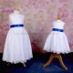 Girls White Fringe Lace Dress with Royal Blue Satin Sash