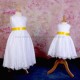 Girls White Fringe Lace Dress with Sunshine Yellow Satin Sash