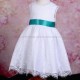 Girls White Fringe Lace Dress with Teal Satin Sash