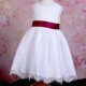 Girls White Fringe Lace Dress with Wine Satin Sash