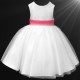 Girls White Diamante & Organza Dress with Coral Sash