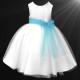 Girls White Diamante & Organza Dress with Turquoise Sash