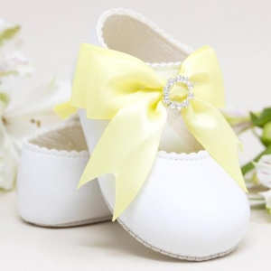 Baby Girls White & Lemon Diamante Bow Patent Pram Shoes