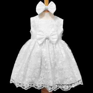 Baby Girls White Bow Embroidered Lace Dress & Headband