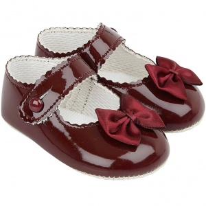 Baby Girls Burgundy Button Bow Patent Pram Shoes