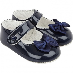 Baby Girls Navy Button Bow Patent Pram Shoes