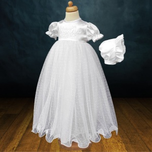 Baby Girls White My Christening Day Satin Tulle Gown & Bonnet