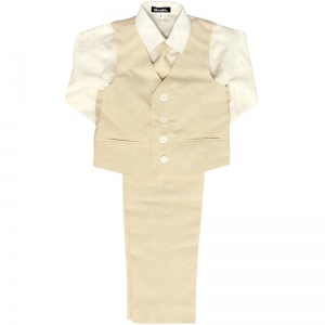 Boys Beige Cotton Linen 4 Piece Trouser Suit