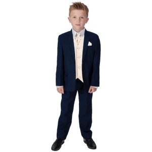 Boys Navy & Champagne Swirl 6 Piece Slim Fit Suit
