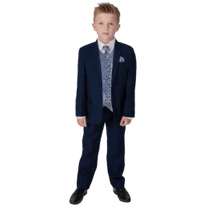 Boys Navy & Silver Swirl 6 Piece Slim Fit Suit