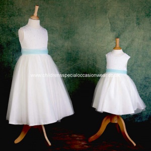 Girls Ivory Diamante & Organza Dress with Aqua Sash
