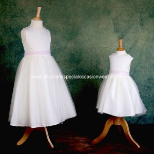 Girls Ivory Diamante & Organza Pink Sash Dress