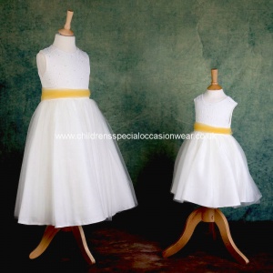 Girls Ivory Diamante & Organza Dress with Belle Yellow Sash