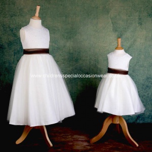 Girls Ivory Diamante & Organza Dress with Brown Sash