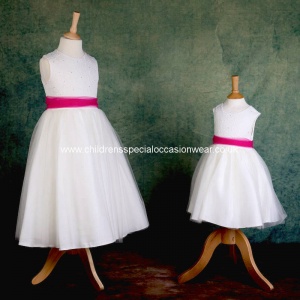 Girls Ivory Diamante & Organza Cerise Pink Sash Dress