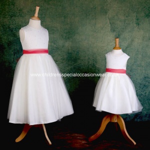 Girls Ivory Diamante & Organza Dress with Coral Sash