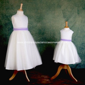 Girls Ivory Diamante & Organza Dress with Lilac Sash